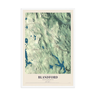 Map of Blandford, Massachusetts, 12 x 18 inch print in a white wood frame