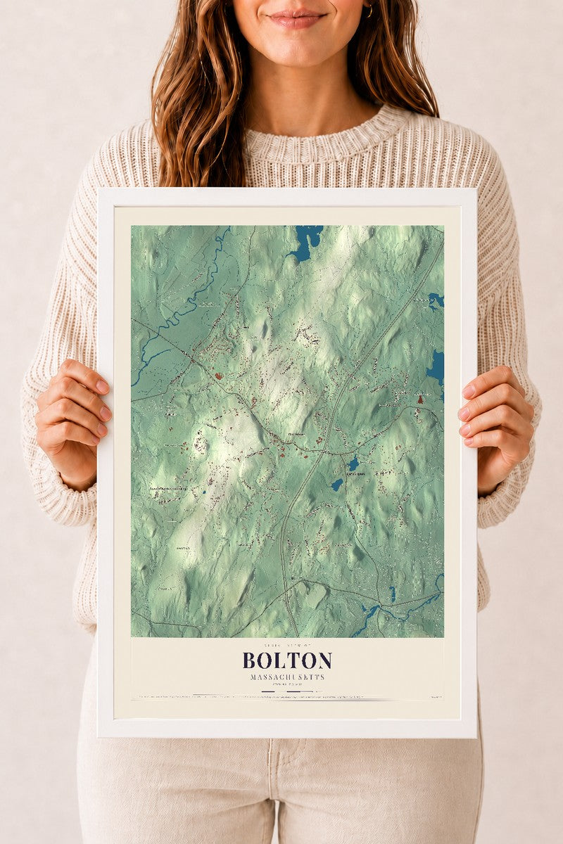 Bolton, Massachusetts map print - 12 x 18 white Ayous wood frame