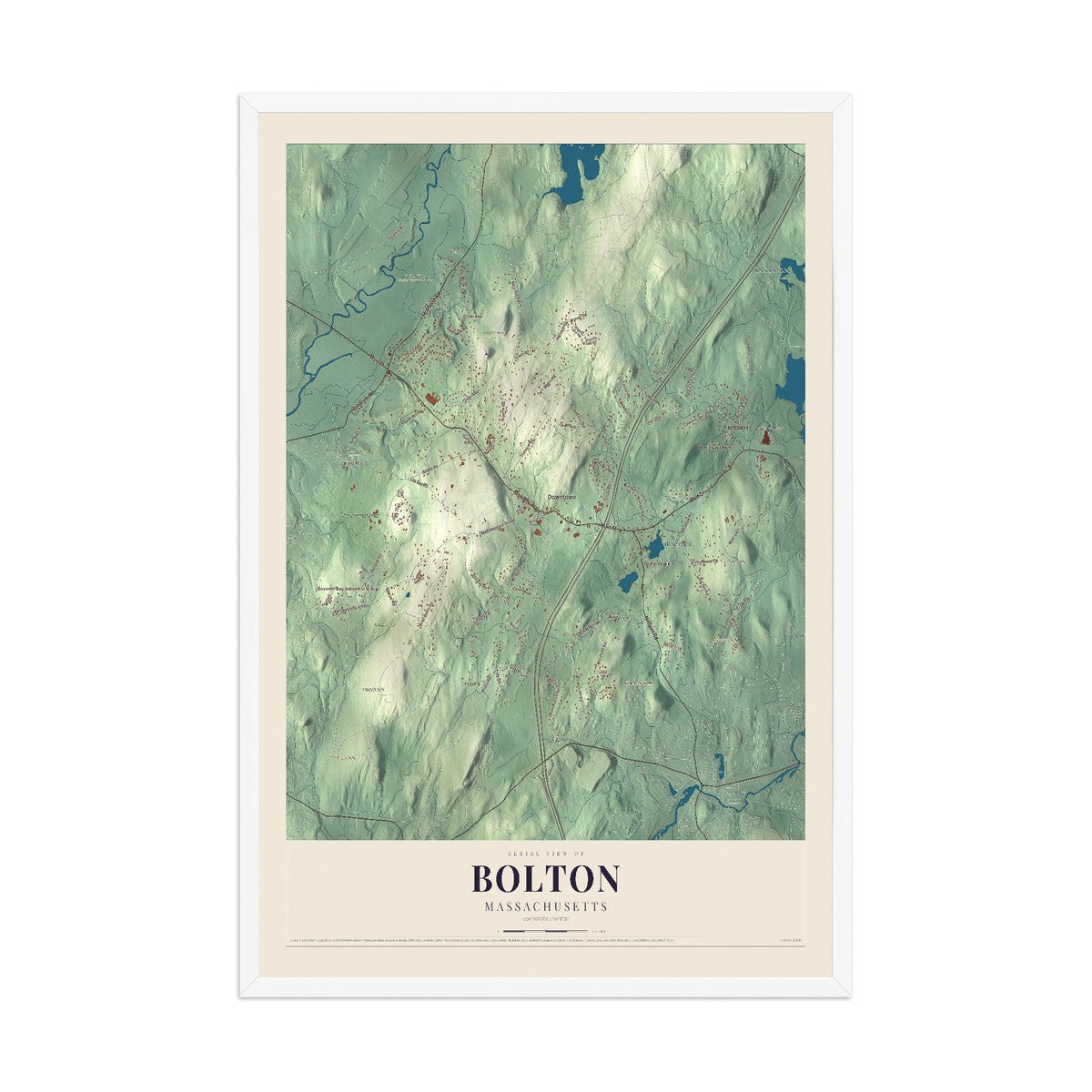 Map of Bolton, Massachusetts, 12 x 18 inch print in a white wood frame