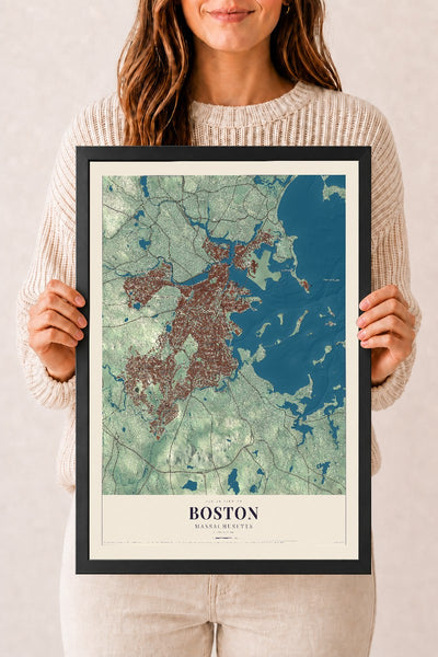 Boston, Massachusetts map print - 12 x 18 black Ayous wood frame