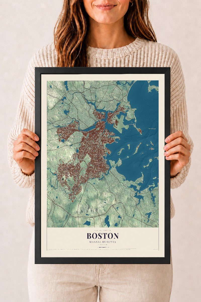 Boston, Massachusetts map print - 12 x 18 black Ayous wood frame