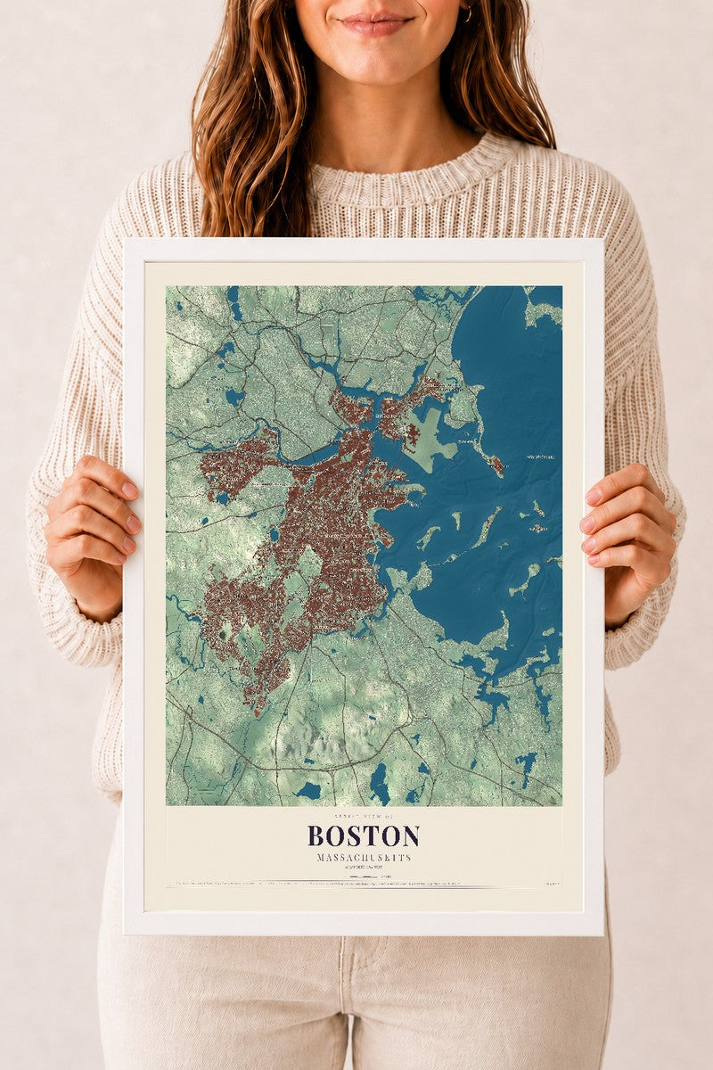 Boston, Massachusetts map print - 12 x 18 white Ayous wood frame