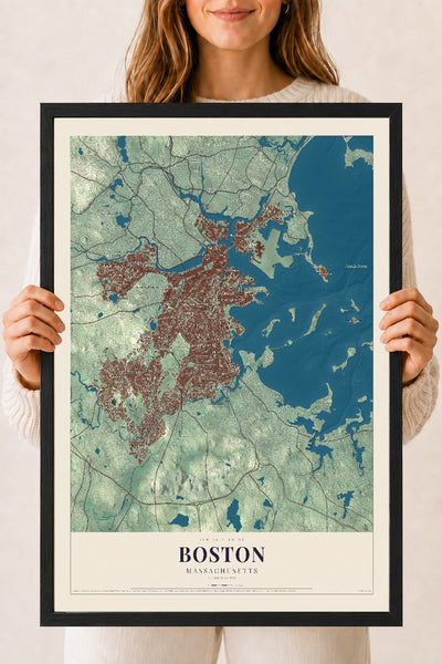 Boston, Massachusetts map print - 18 x 24 black Ayous wood frame