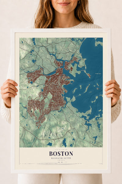 Boston, Massachusetts map print - 18 x 24 white Ayous wood frame