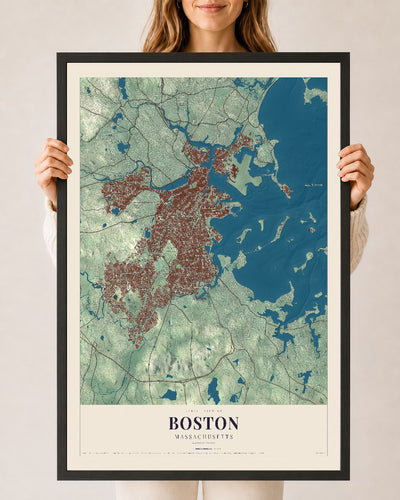 Boston, Massachusetts map print - 24 x 36 black Ayous wood frame