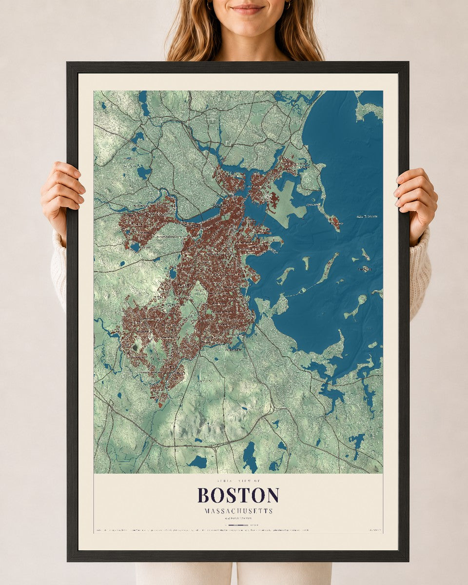 Boston, Massachusetts map print - 24 x 36 black Ayous wood frame