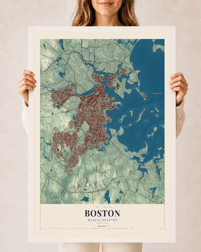 Boston, Massachusetts map print - 24 x 36 white Ayous wood frame