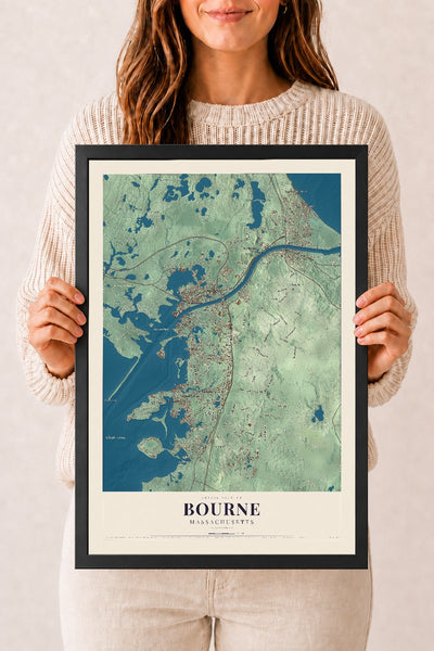 Bourne, Massachusetts map print - 12 x 18 black Ayous wood frame
