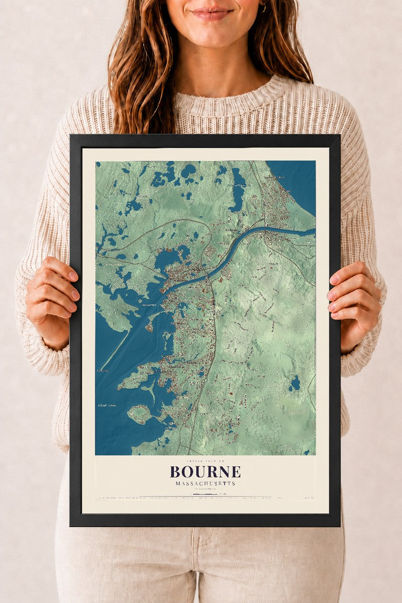 Bourne, Massachusetts map print - 12 x 18 black Ayous wood frame