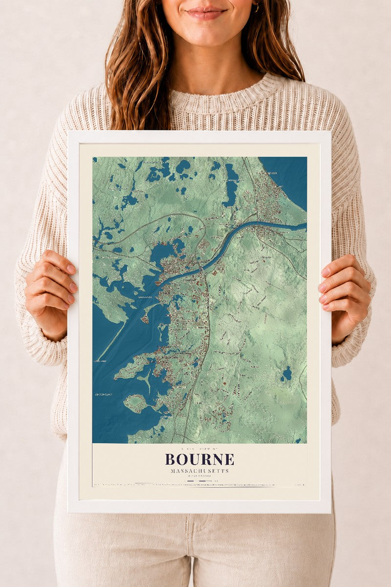 Bourne, Massachusetts map print - 12 x 18 white Ayous wood frame