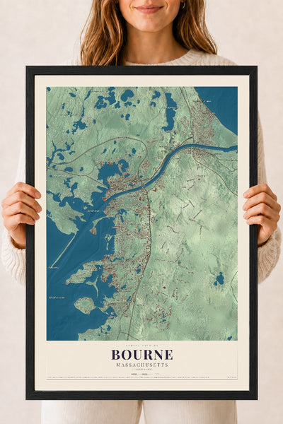 Bourne, Massachusetts map print - 18 x 24 black Ayous wood frame