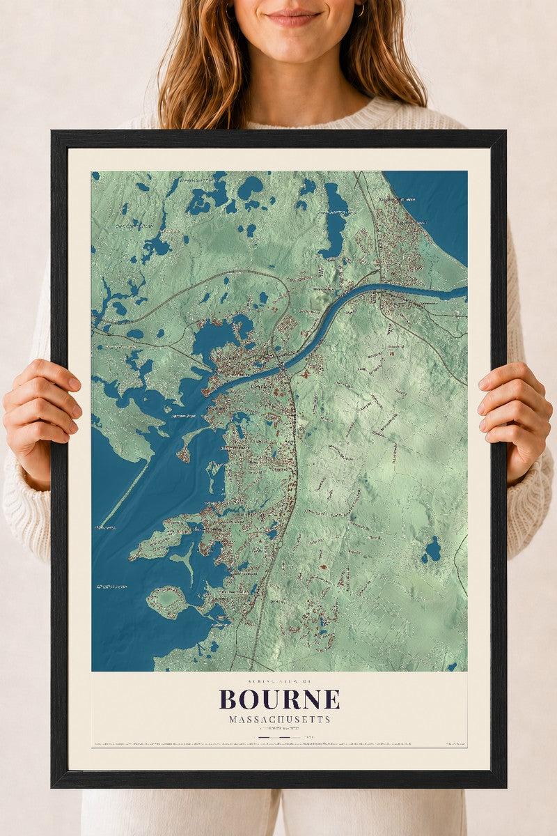 Bourne, Massachusetts map print - 18 x 24 black Ayous wood frame
