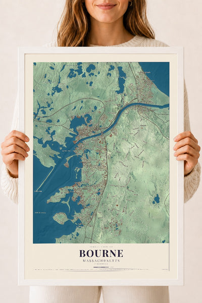 Bourne, Massachusetts map print - 18 x 24 white Ayous wood frame