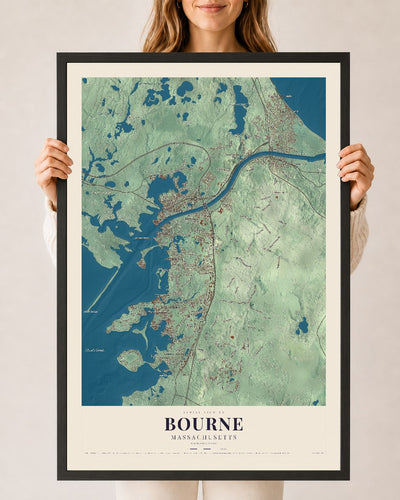 Bourne, Massachusetts map print - 24 x 36 black Ayous wood frame