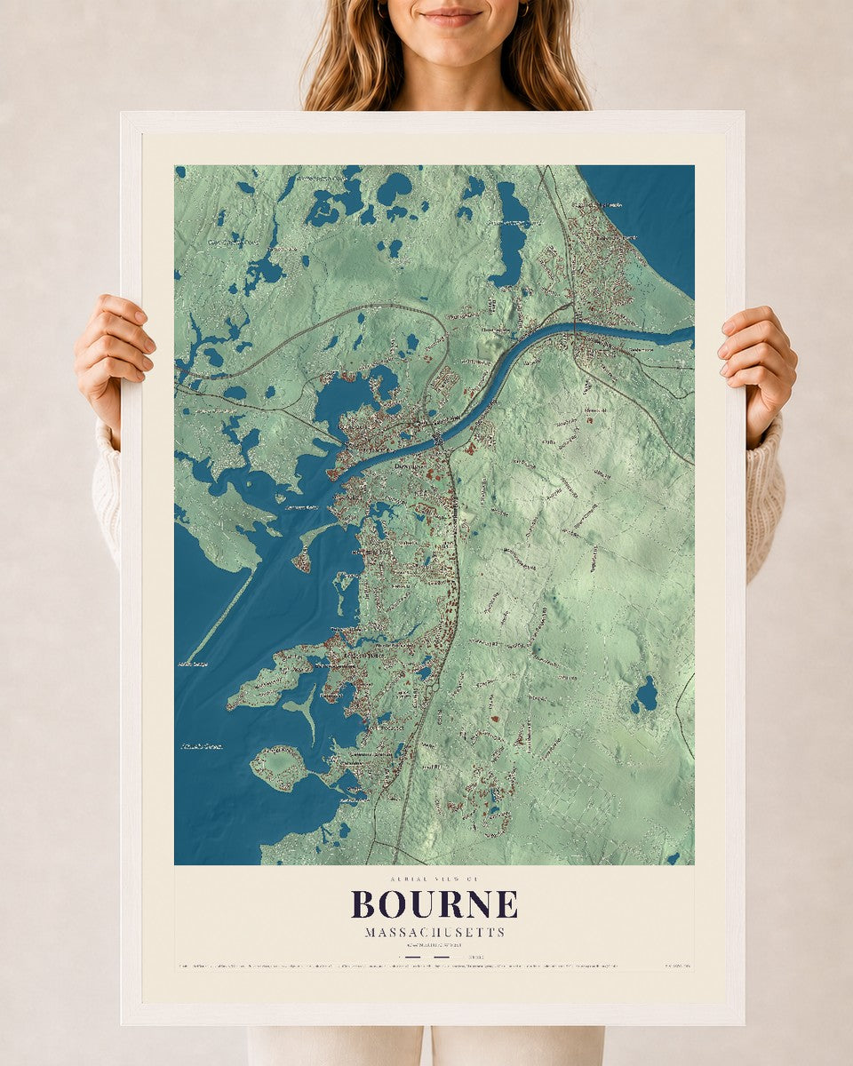 Bourne, Massachusetts map print - 24 x 36 white Ayous wood frame