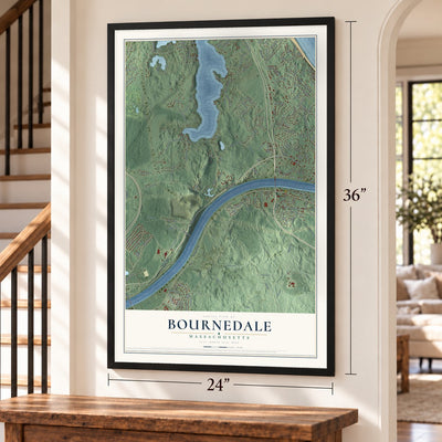 Bournedale, Massachusetts map, 24 x 36 inch print in a black frame by a staircase