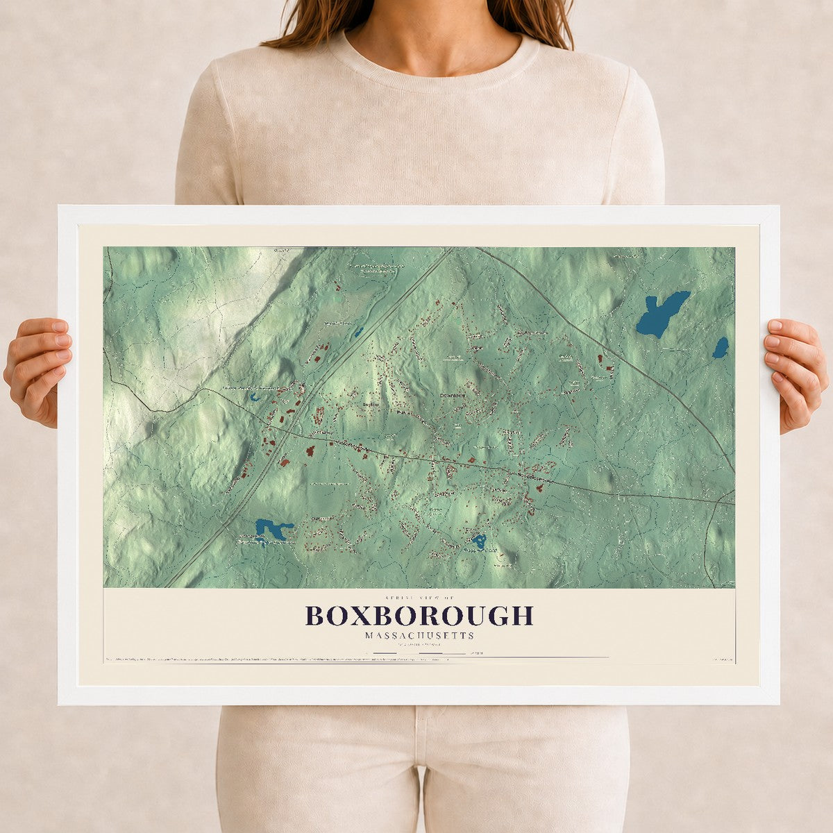 Boxborough, Massachusetts map print - 12 x 18 white Ayous wood frame