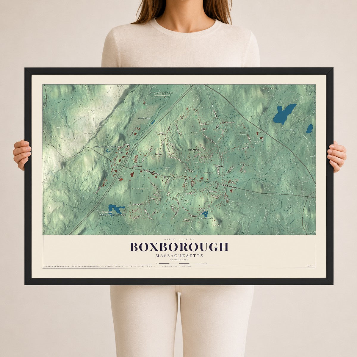 Boxborough, Massachusetts map print - 24 x 36 black Ayous wood frame