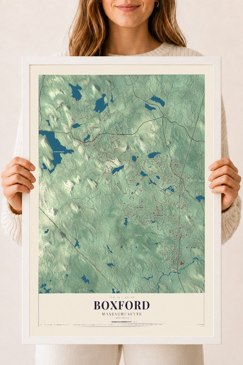 Boxford, Massachusetts map print - 18 x 24 white Ayous wood frame