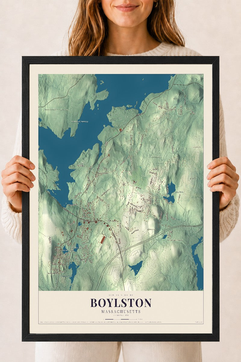 Boylston, Massachusetts map print - 18 x 24 black Ayous wood frame