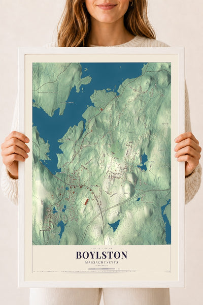 Boylston, Massachusetts map print - 18 x 24 white Ayous wood frame
