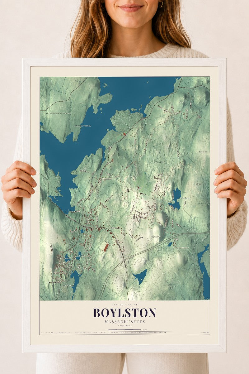 Boylston, Massachusetts map print - 18 x 24 white Ayous wood frame
