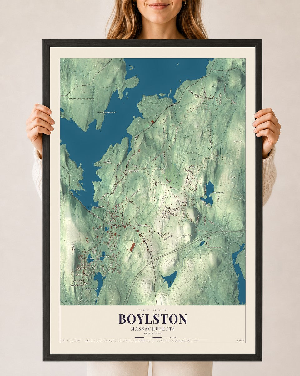Boylston, Massachusetts map print - 24 x 36 black Ayous wood frame