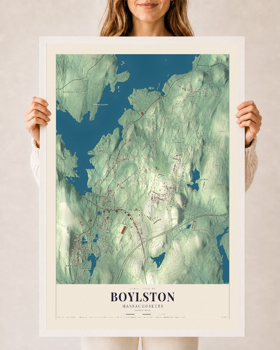 Boylston, Massachusetts map print - 24 x 36 white Ayous wood frame