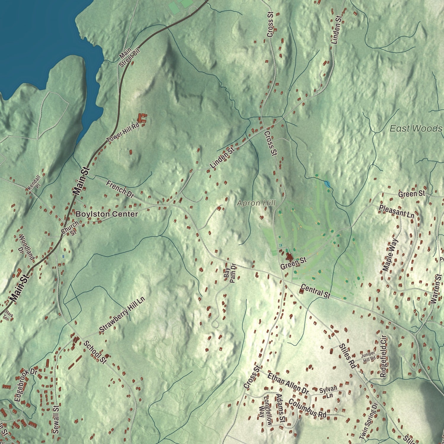 Terrain and local geography detail from the Boylston, Massachusetts map