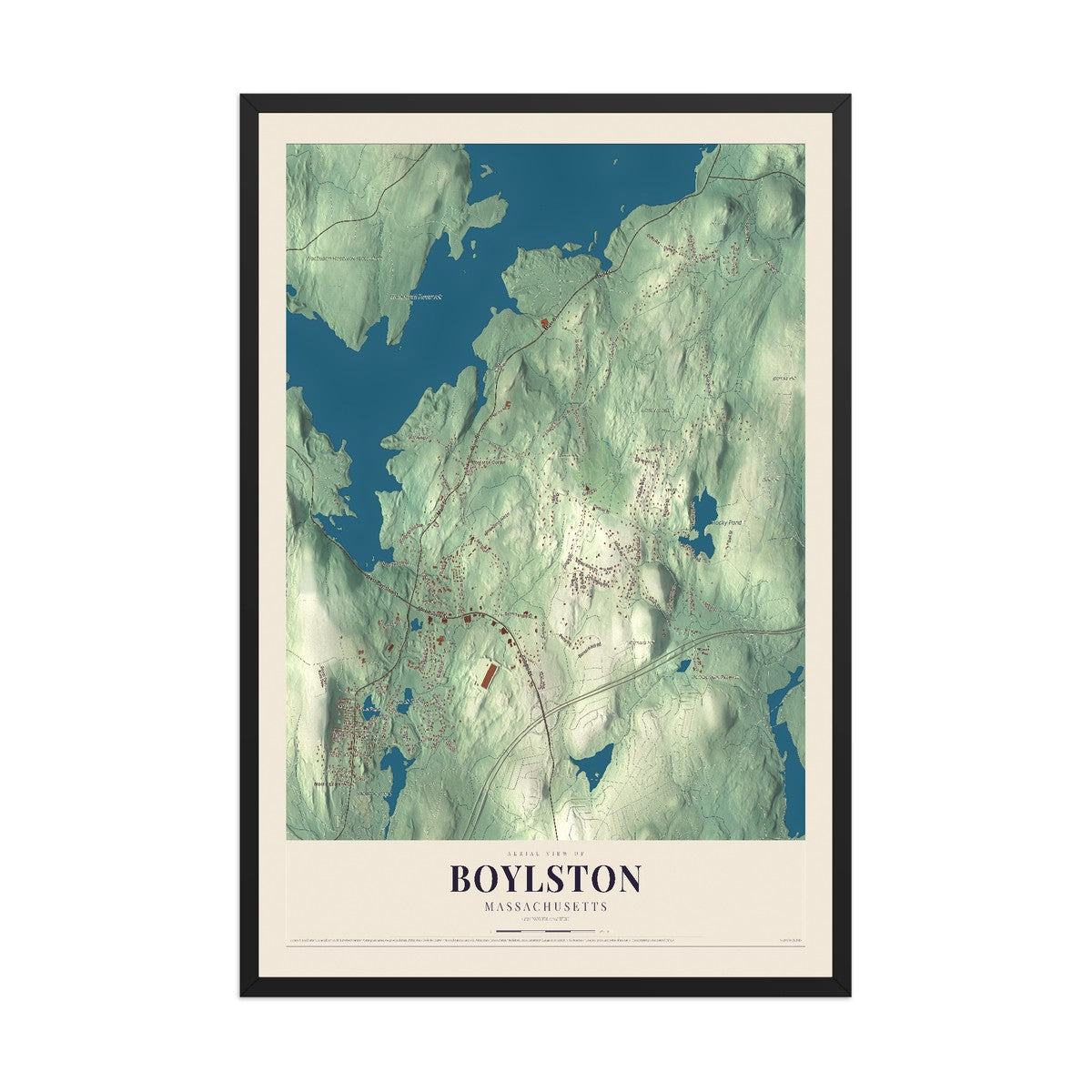 Map of Boylston, Massachusetts, 12 x 18 inch print in a black wood frame