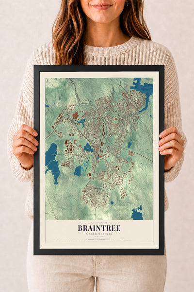 Braintree, Massachusetts map print - 12 x 18 black Ayous wood frame