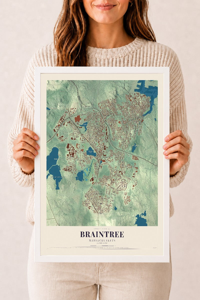 Braintree, Massachusetts map print - 12 x 18 white Ayous wood frame