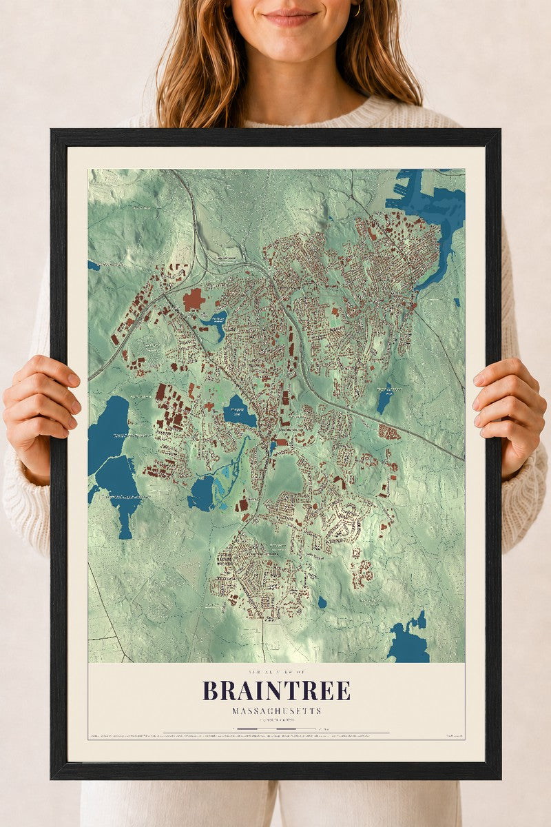 Braintree, Massachusetts map print - 18 x 24 black Ayous wood frame