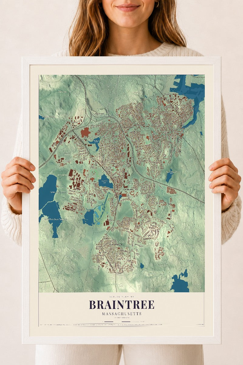 Braintree, Massachusetts map print - 18 x 24 white Ayous wood frame