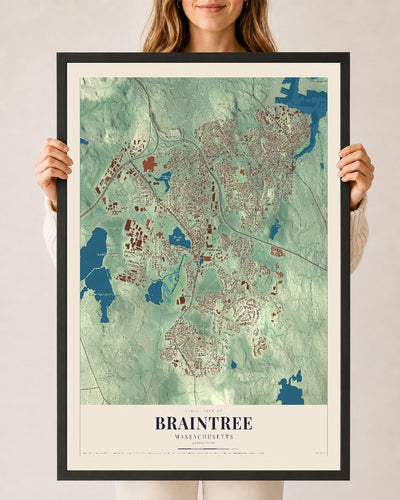 Braintree, Massachusetts map print - 24 x 36 black Ayous wood frame