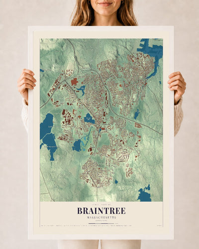 Braintree, Massachusetts map print - 24 x 36 white Ayous wood frame