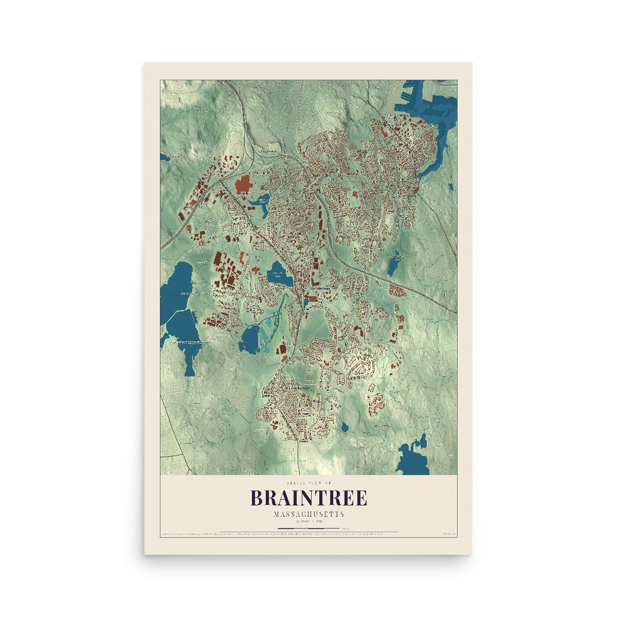 Map of Braintree, Massachusetts, 12 x 18 inch unframed archival matte print