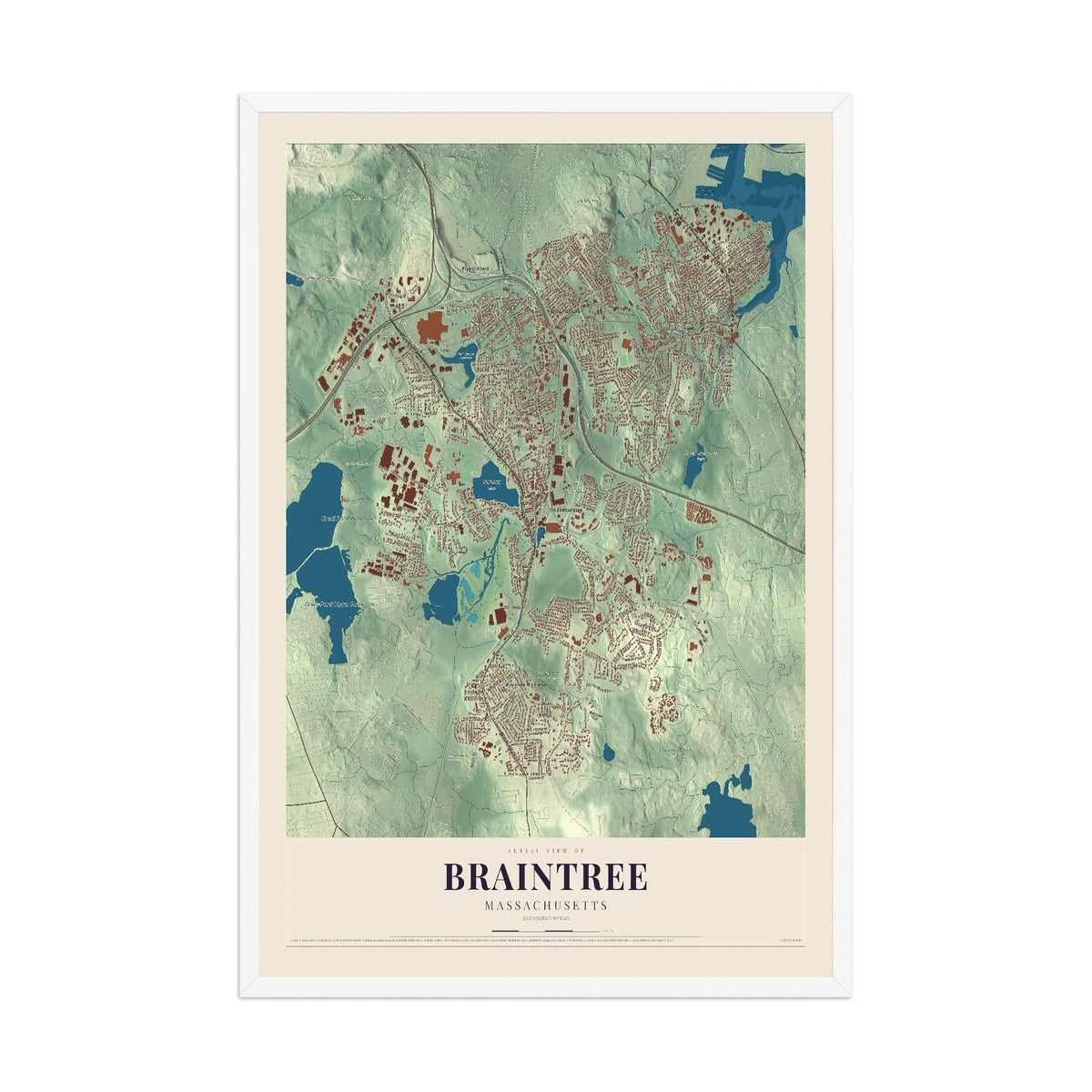 Map of Braintree, Massachusetts, 12 x 18 inch print in a white wood frame