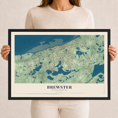 Brewster, Massachusetts map print - 12 x 18 black Ayous wood frame