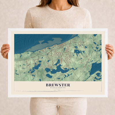 Brewster, Massachusetts map print - 12 x 18 white Ayous wood frame