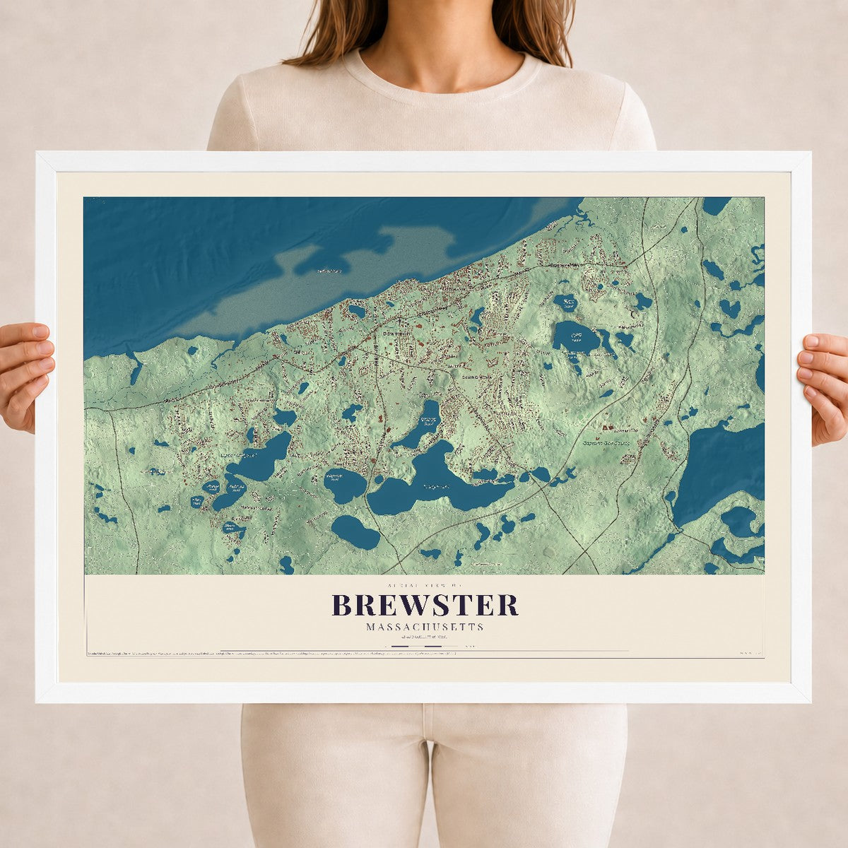 Brewster, Massachusetts map print - 18 x 24 white Ayous wood frame