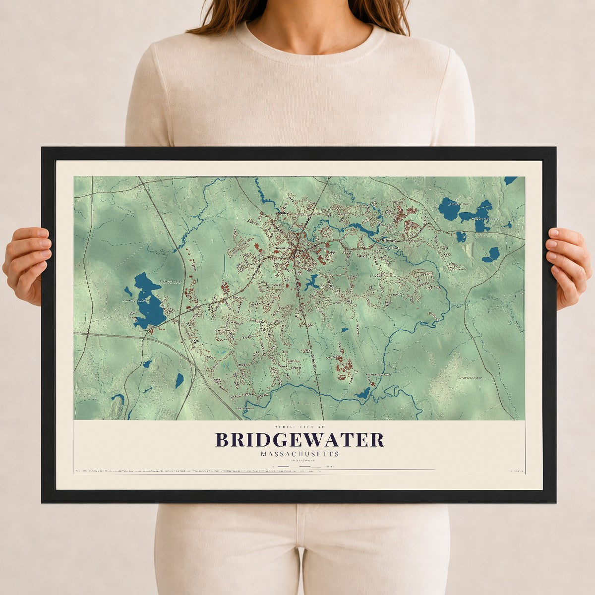Bridgewater, Massachusetts map print - 12 x 18 black Ayous wood frame