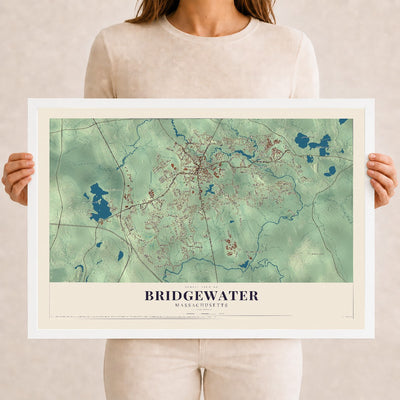 Bridgewater, Massachusetts map print - 12 x 18 white Ayous wood frame