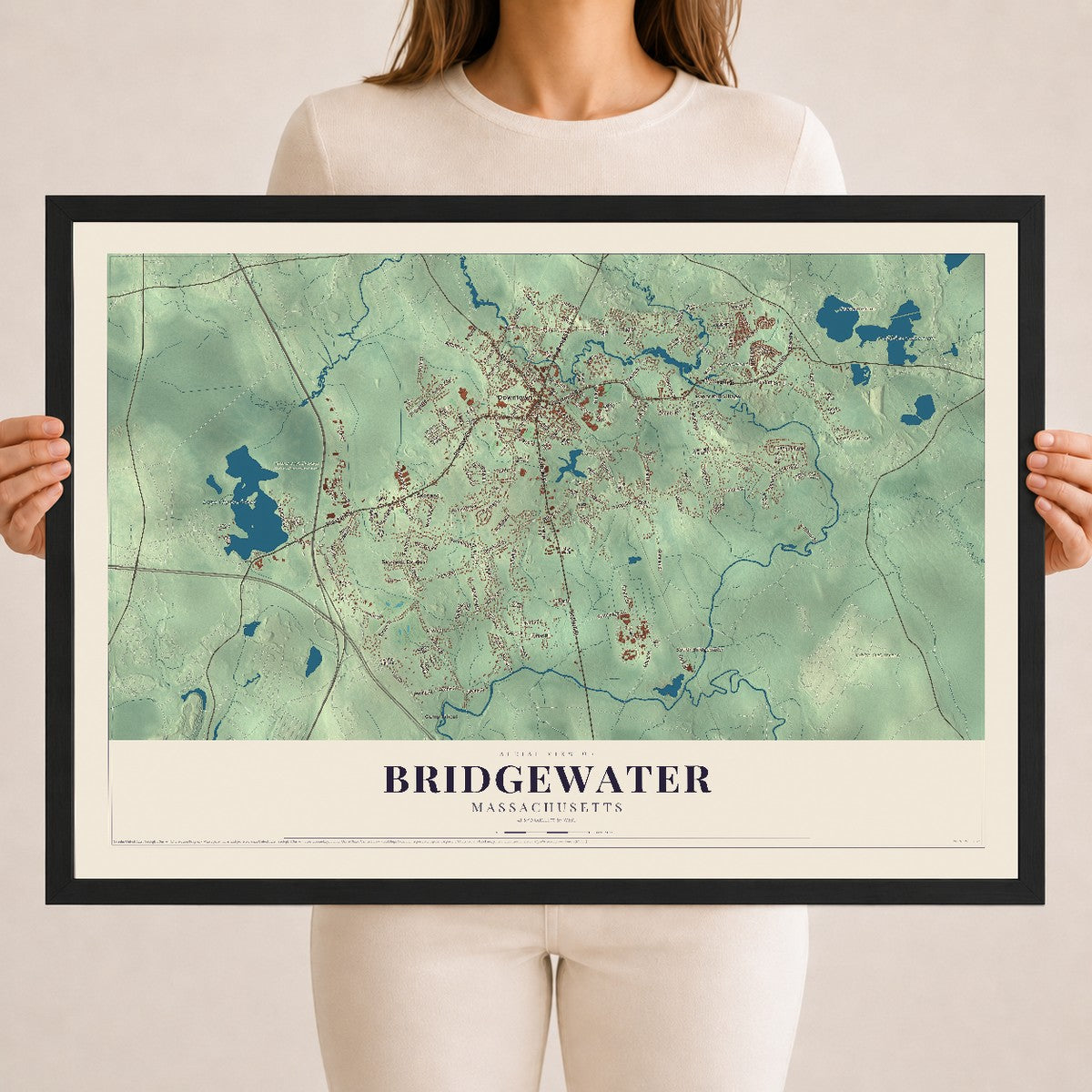 Bridgewater, Massachusetts map print - 18 x 24 black Ayous wood frame