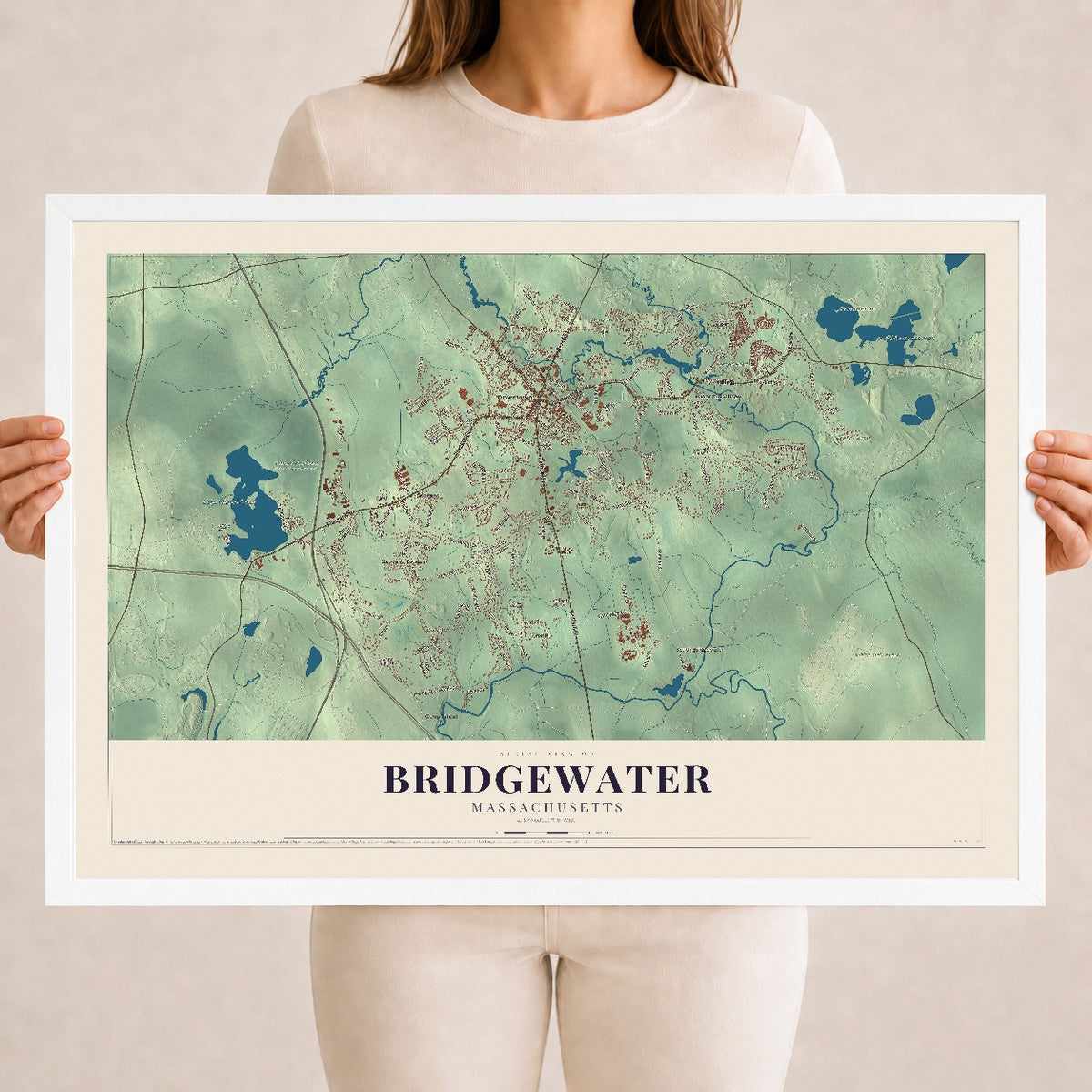Bridgewater, Massachusetts map print - 18 x 24 white Ayous wood frame