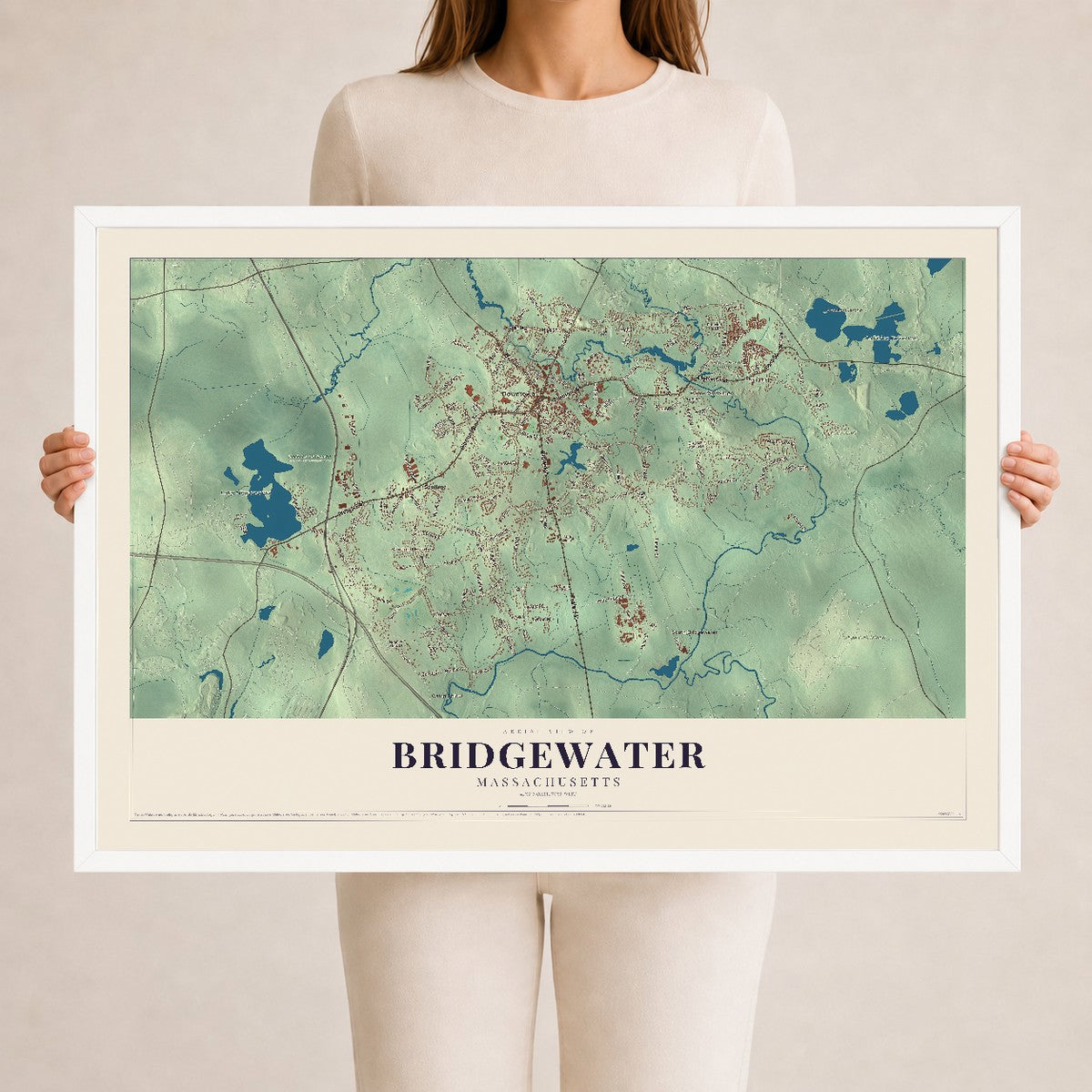 Bridgewater, Massachusetts map print - 24 x 36 white Ayous wood frame