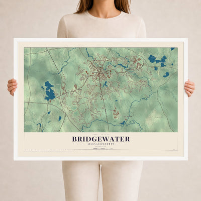 Bridgewater, Massachusetts map print - 24 x 36 white Ayous wood frame
