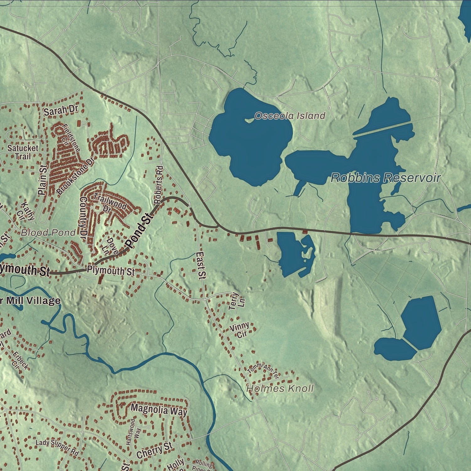 Terrain and local geography detail from the Bridgewater, Massachusetts map