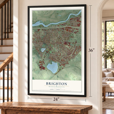 Brighton, Massachusetts map, 24 x 36 inch print in a black frame by a staircase