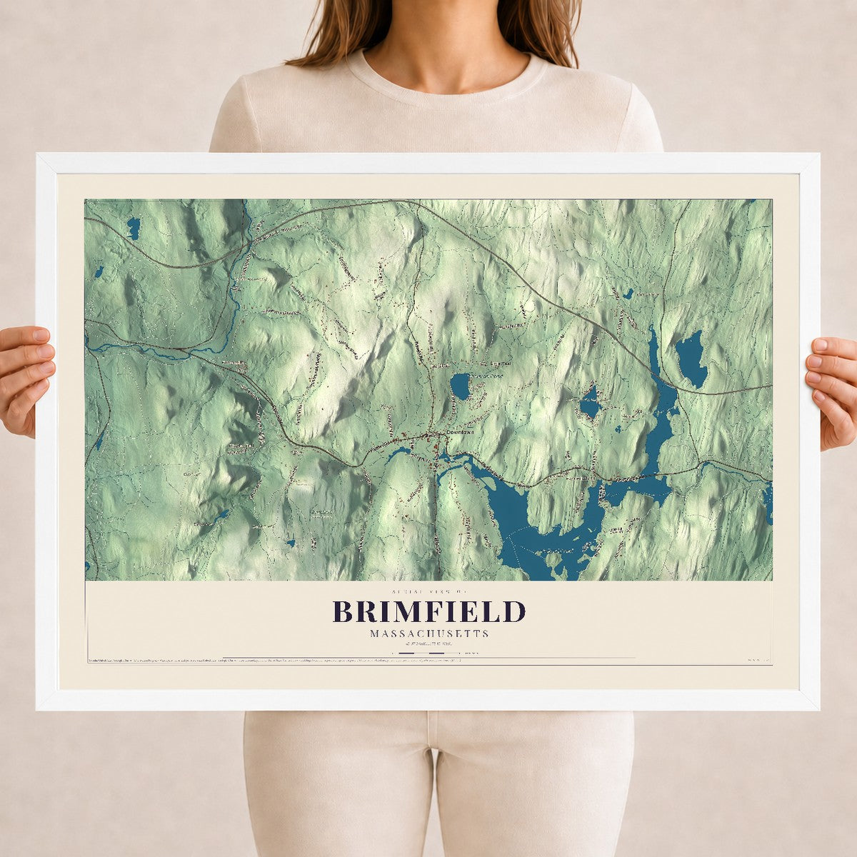 Brimfield, Massachusetts map print - 18 x 24 white Ayous wood frame